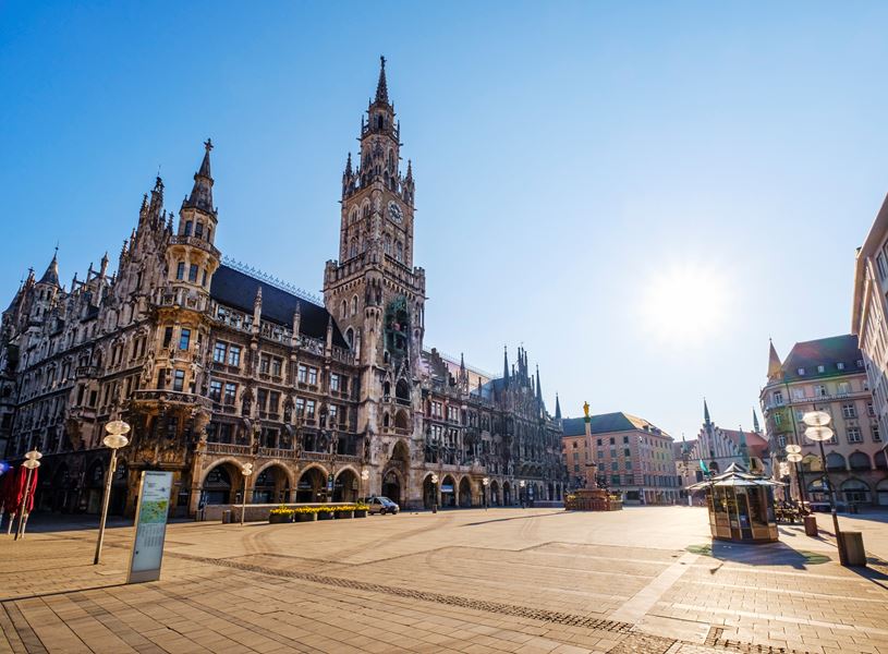 Sun shining over Marienplatz, Munich, Germany
