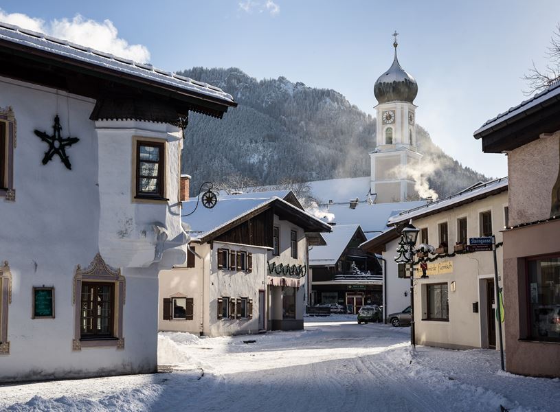Snowy street in Oberammergau, Bavaria, Germany