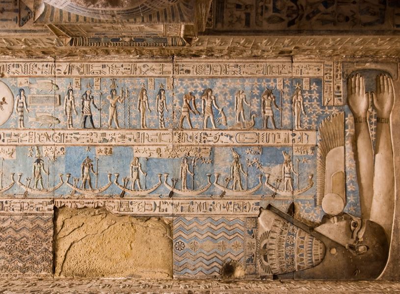 Astrological symbols on the ceiling of the Temple of Hathor in Dendera near Qena, Egypt