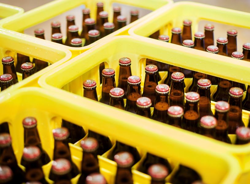 Crate of beer at Budweiser Budvar brewery​ in Ceske Budejovice, Czech Republic