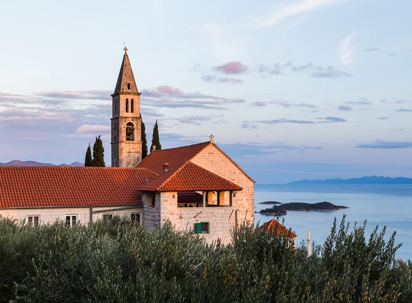 Franciscan monastery at sunset on Peljesac peninsula, Croatia