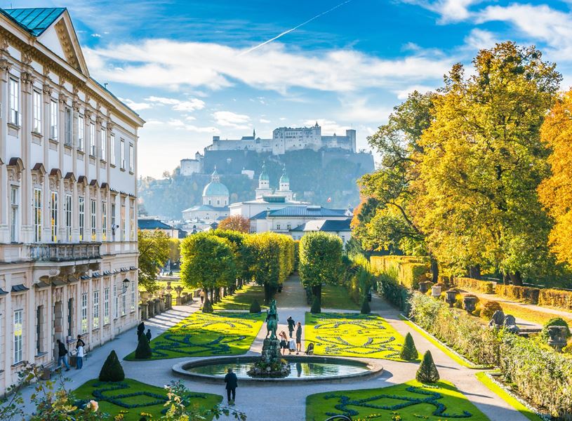Mirabell Gardens and Fortress Hohensalzburg in Salzburg, Austria