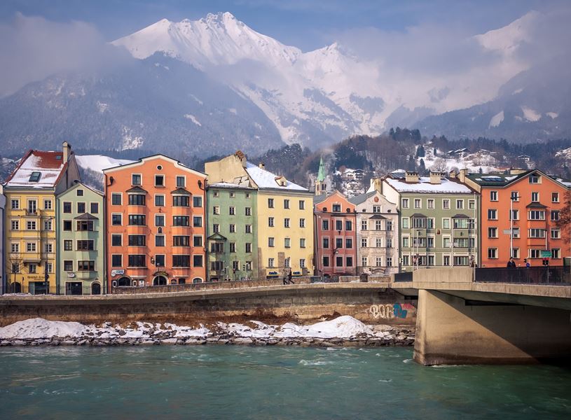 Panoramic view of colourful houses in Innsbruck, Austria