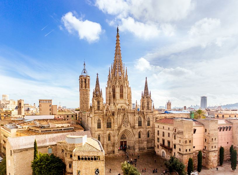 Aerial view of Barcelona skyline with Barcelona Cathedral, Barcelona, Spain 
