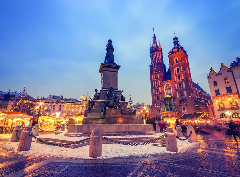 Old market square at Christmas in Krakow, Poland