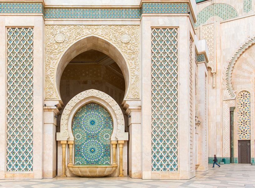 The courtyard of Mosque Hassan II in Casablanca at sunset, Morocco