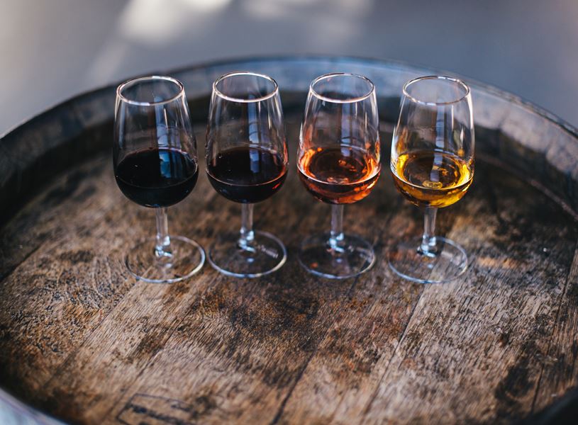 Four glasses of port produced in Porto, Portugal