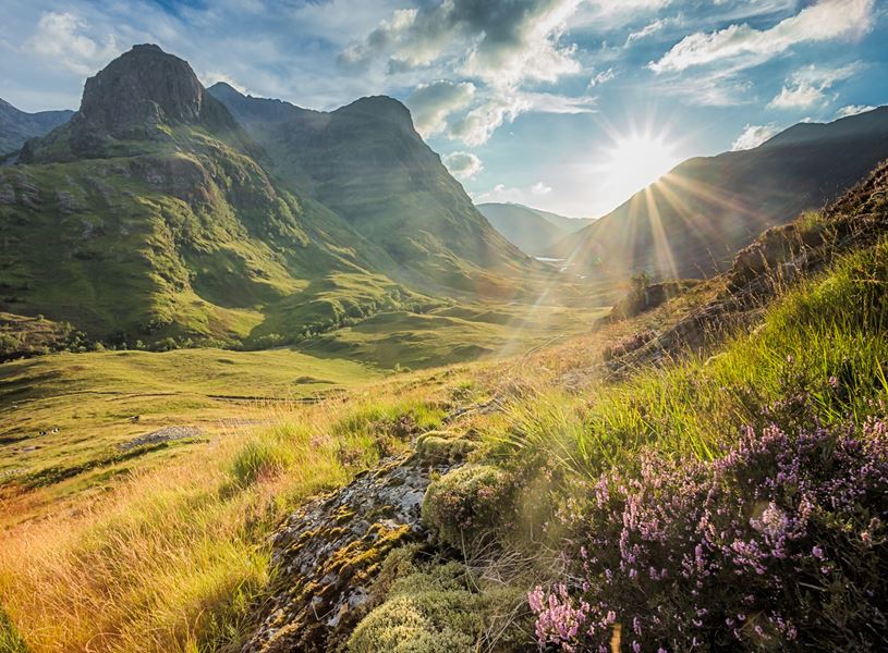 Scenic valley below the mountains of Glencoe, Highlands, Scotland