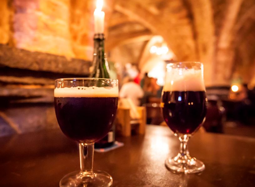 Two glasses of trappist beer in Chimay, Belgium