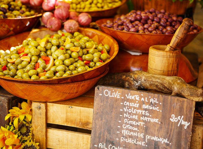 Olives in Cahors Pont Valentre market in Cahors, France