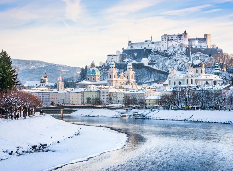 Scenic view of Salzburg and Salzach River in Winter in Salzburg, Austria