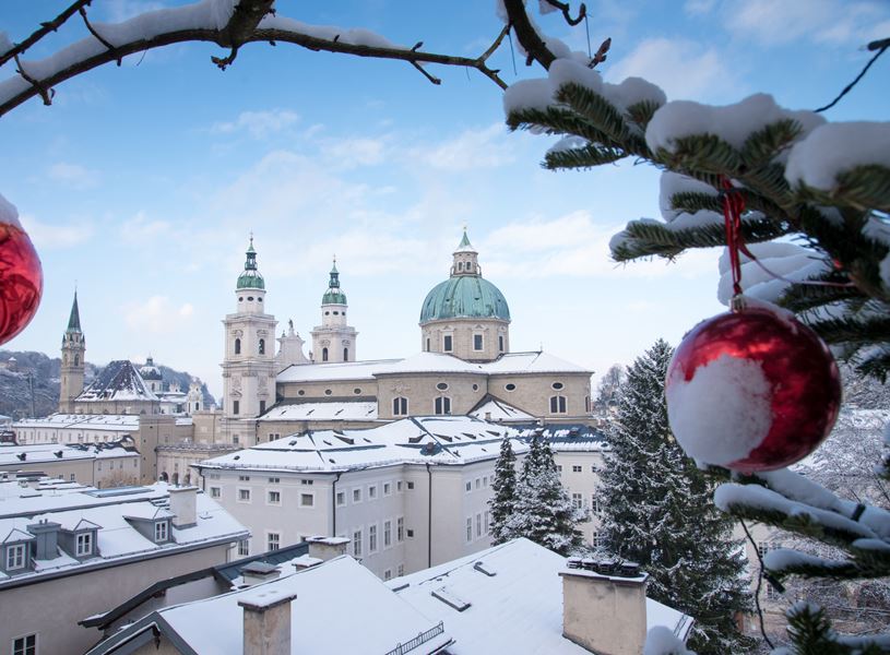Salzburg cityscape with Christmas baubles in Salzburg, Austria