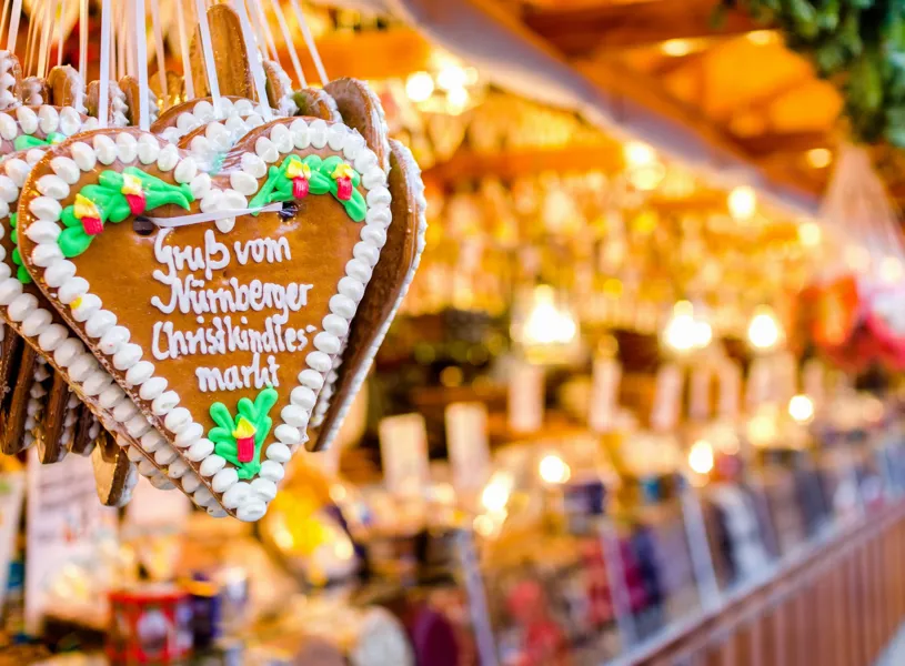 Christmas Market Stall and Gingerbread Heart in Nuremberg, Germany