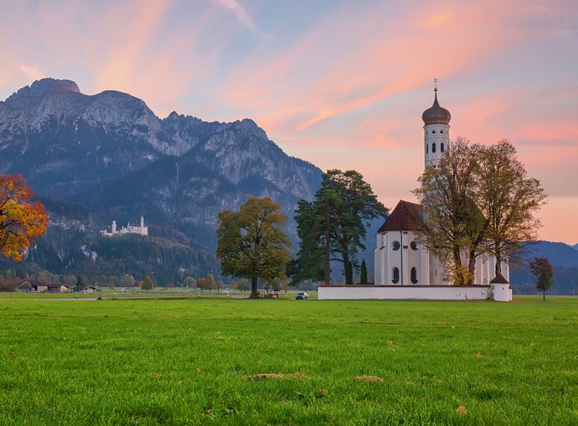 St. Coloman Church and Neuschwanstein Castle in Bavaria, Germany