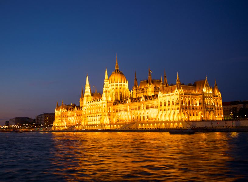 Illuminated Parliament Building in Budapest, Hungary
