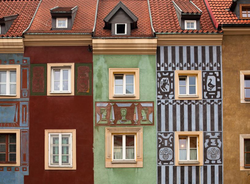 Row of colourful facades in Poznan, Poland