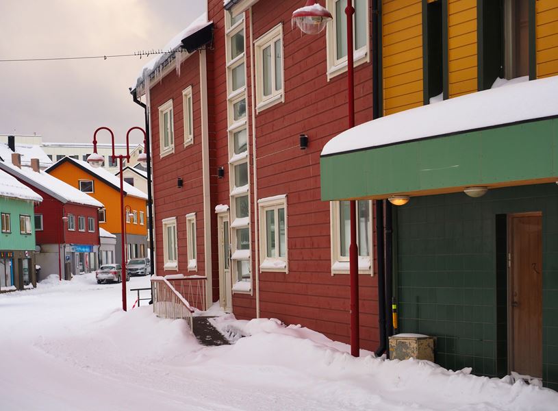 Colourful houses in a street of Honningsvag, Norway