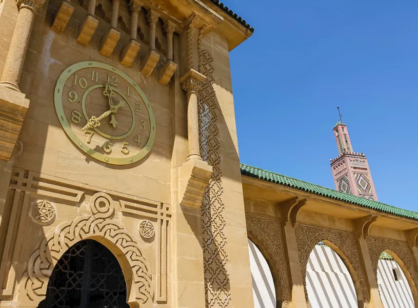Clock tower of the Mosque on the Grand Socco in Tangier, Morocco