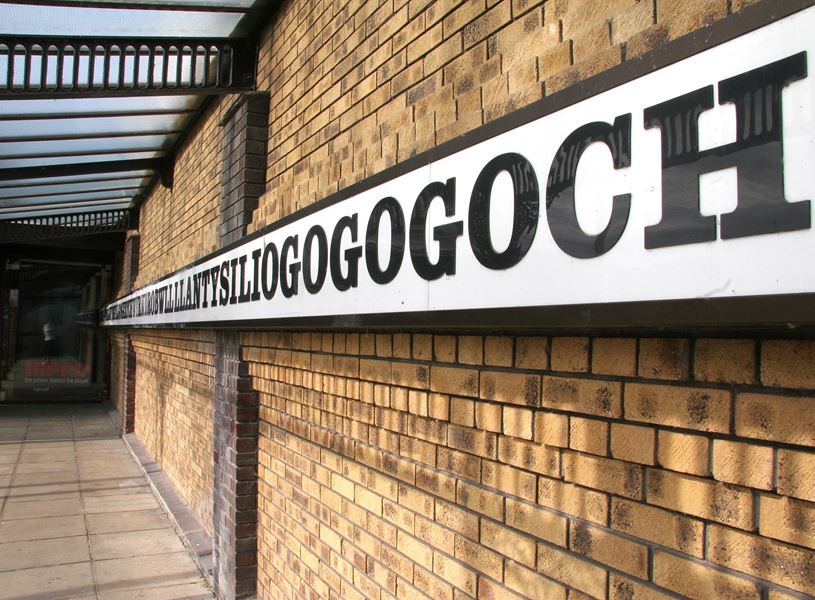 Sign with the longest city name in Anglesey, Wales 