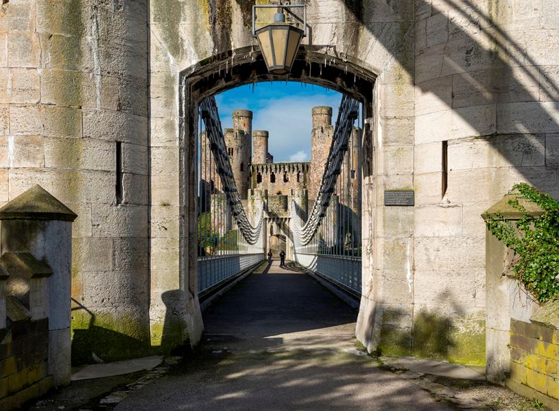 Famous suspension bridge beside Conwy castle, Conwy, Wales