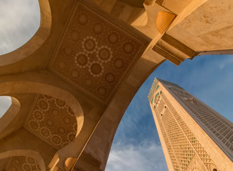 Arch and minaret view of Mosque Hassan II in Casablanca, Morocco