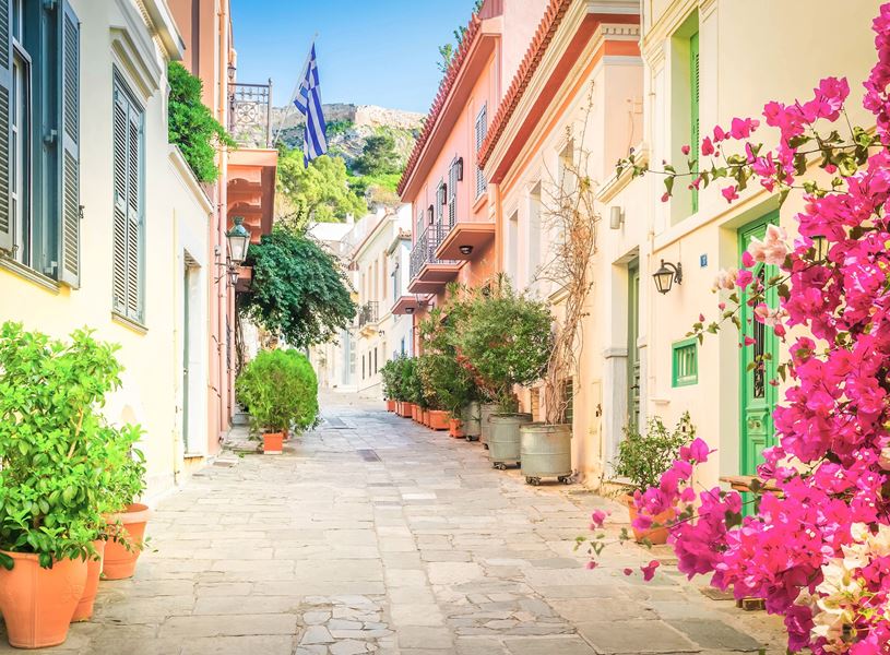 A narrow colourful street in Athens, Greece