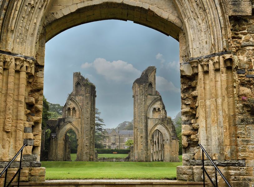 Arch view of the Great Church at Glastonbury Abbey, Glastonbury, England