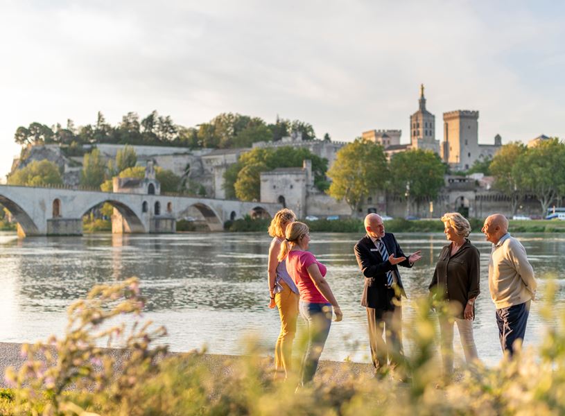 Guest viewing Pont d'Avignon from the bank of the Rhône, Avignon, France