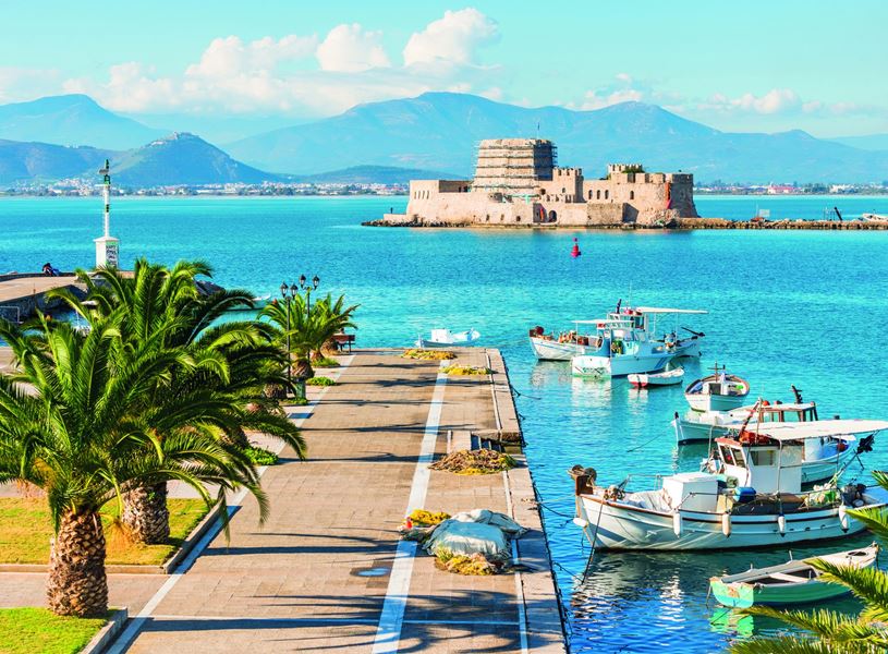 Beautiful port of Nafplio and Bourtzi castle, Nafplio, Greece