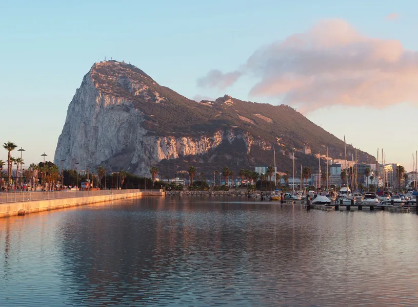 The rock of Gibraltar from the harbour at sunset, Gibraltar
