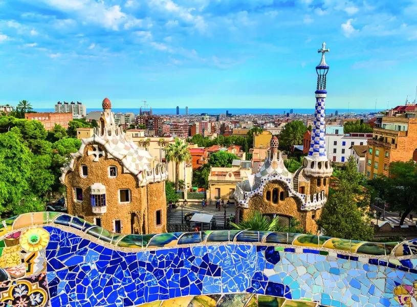 View over Barcelona from Park Guell by architect Gaudi, Barcelona, Spain