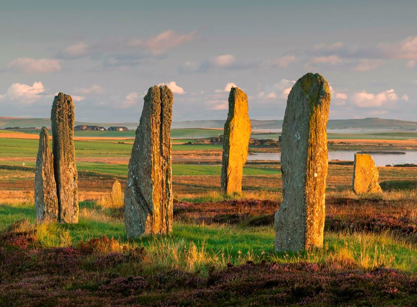 Sunset on Neolithic Ring of Brodgar, Orkney Island, Scotland