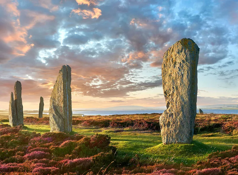 Sunset on Neolithic Ring of Brodgar, Orkney Island, Scotland