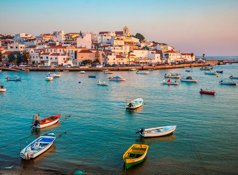 Sunset on city of Ferragudo, Lagoa Municipality, Lagos Portugal