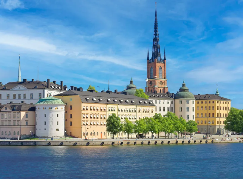 See the colourful waterfront buildings in Stockholm Sweden