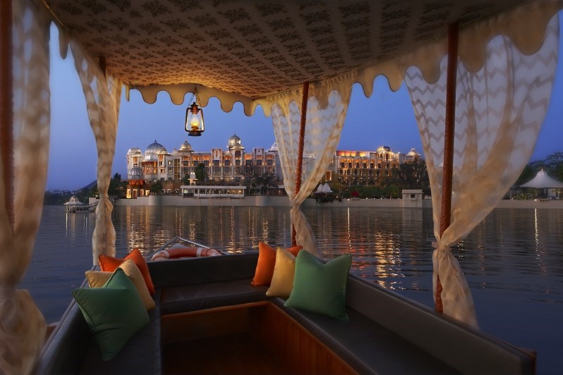 View of The Leela Palace from across the water, Udaipar, India.
