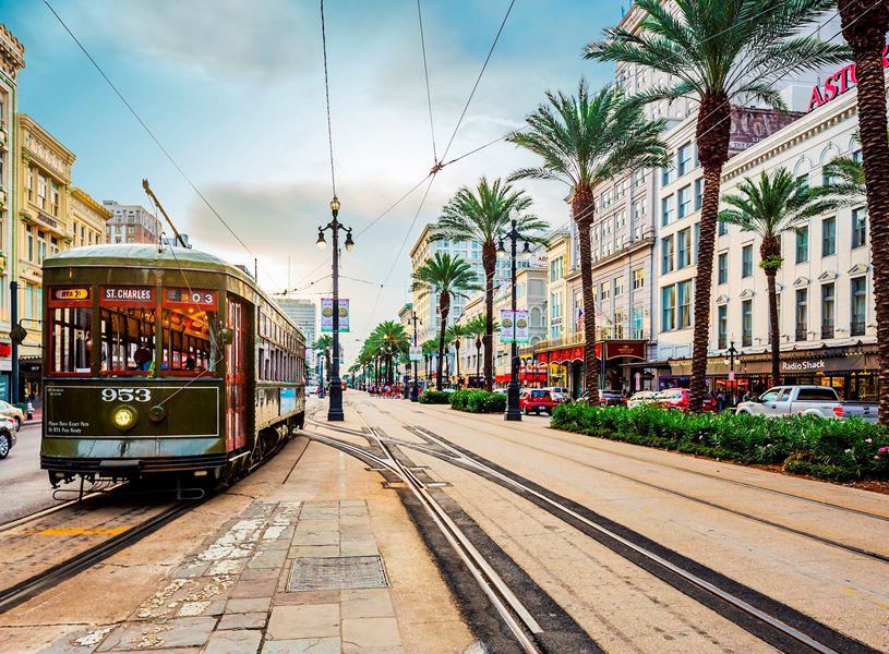 Tram in Canal street, French Quarter, New Orleans, USA