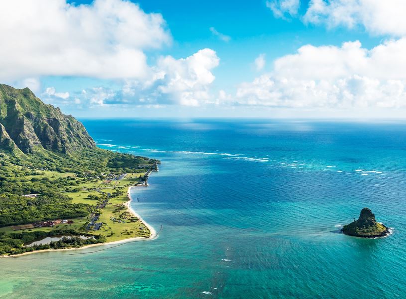 Aerial view of Kualoa Point and Chinamans Hat, Kaneohe Bay, Oahu, Hawaii, USA