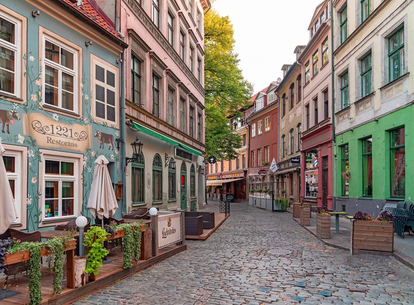 A traditional street with restaurants in Riga, Latvia