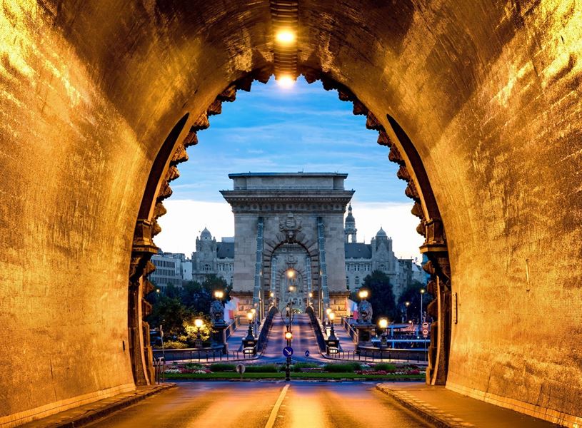A view of Chain bridge through a tunnel in Budapest, Hungary