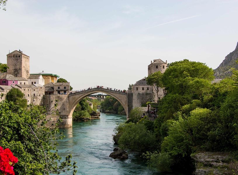 Stari Most bridge in Mostar over Neretva River in Bosnia and Herzegovina