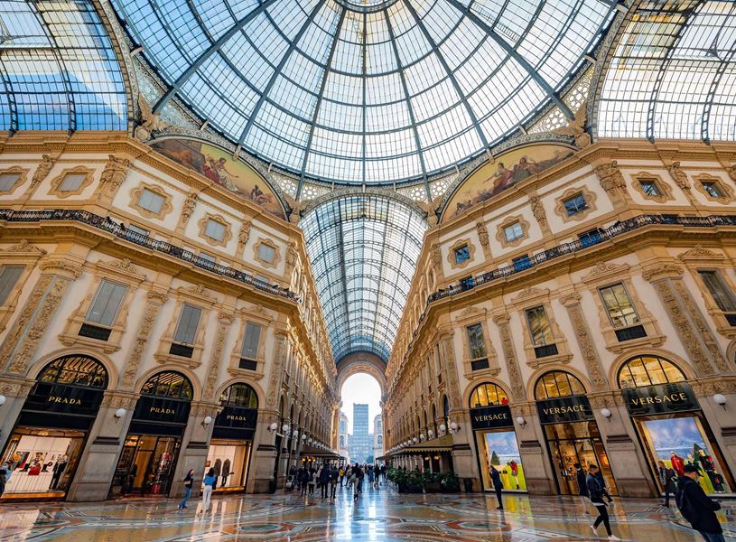 Interior view of Galleria Vittorio Emanuele II with glass dome in Milan 