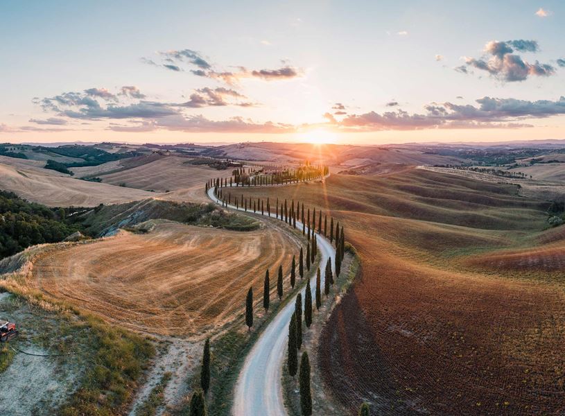 Curving cypress-lined road through rolling hills in Tuscany at sunset