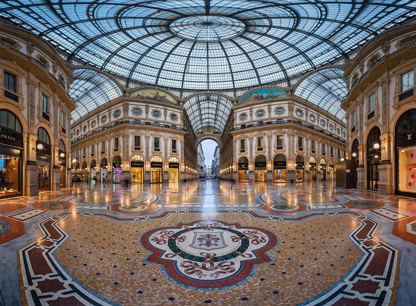 Interior view of Galleria Vittorio Emanuele II with glass dome in Milan 