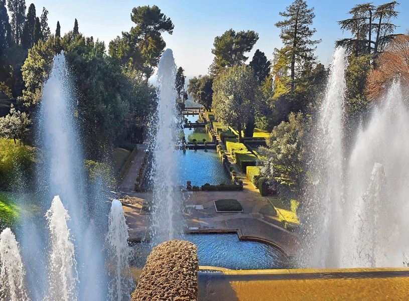 Villa d’Este gardens in Tivoli with cascading fountains, symmetrical pools greenery