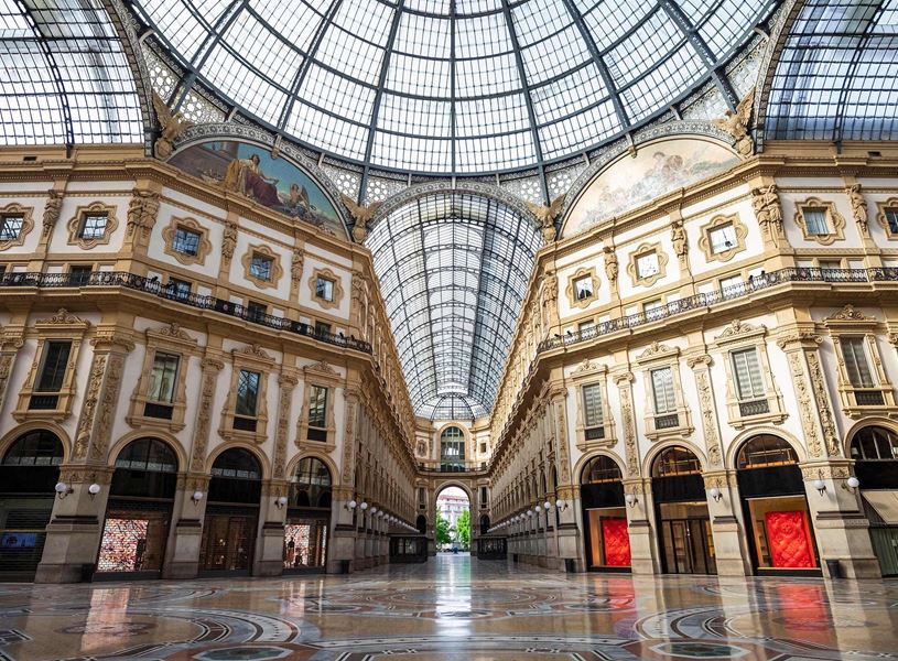 Interior view of Galleria Vittorio Emanuele II with glass dome in Milan 
