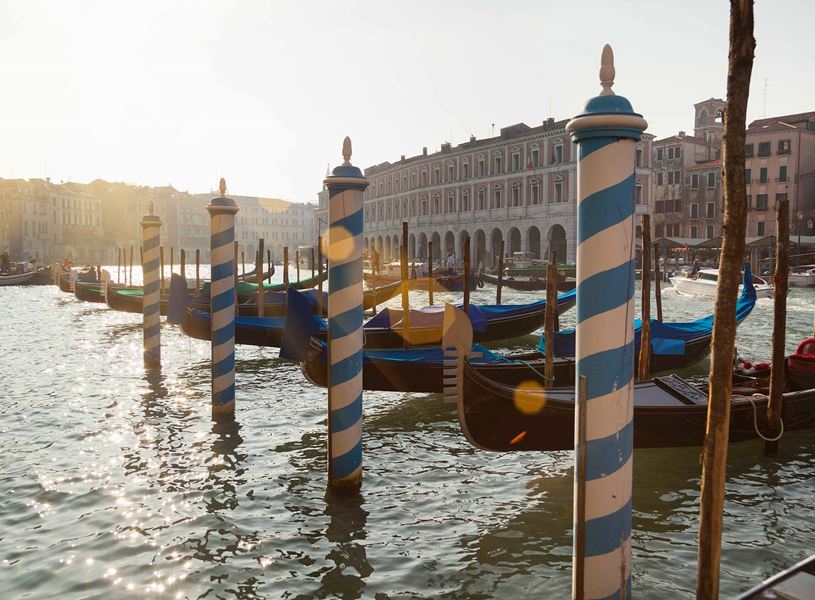 Gondolas moored along Grand Canal in Venice with blue-striped mooring poles and historic buildings