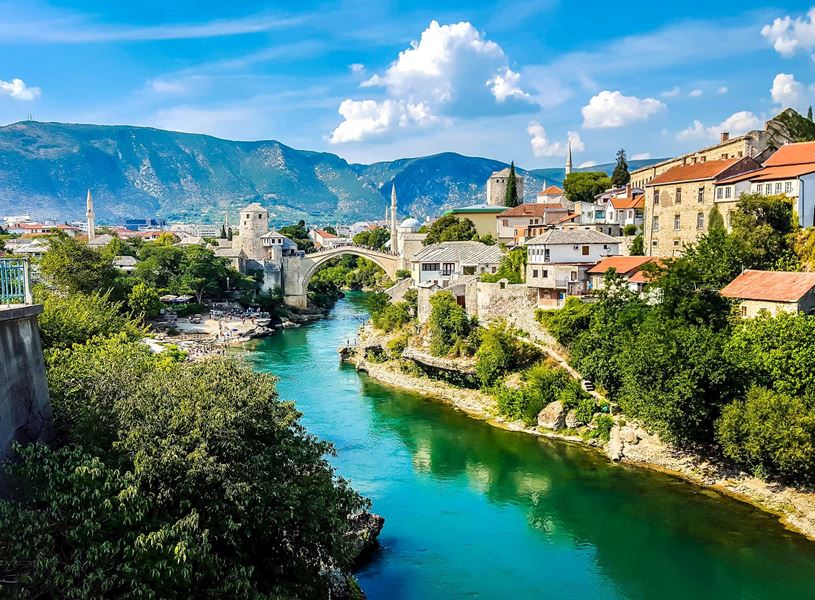Stari Most bridge in Mostar over Neretva River in Bosnia and Herzegovina