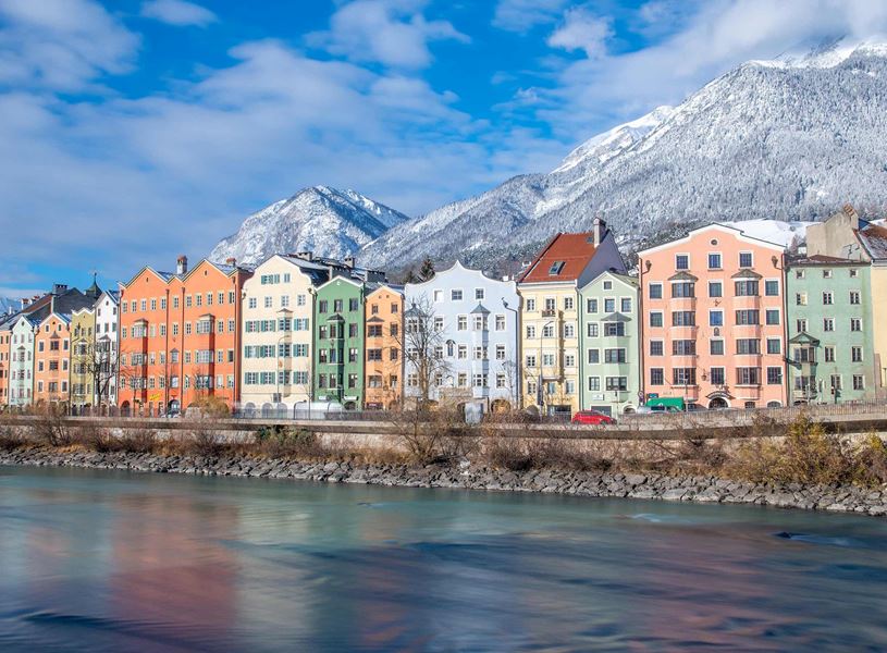 Scenic view of antique colourful buildings in Old Town Innsbruck, Austria