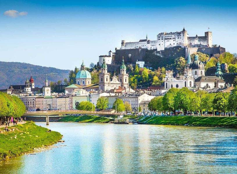 Hohensalzburg Fortress and the Salzach River in Salzburg, Austria